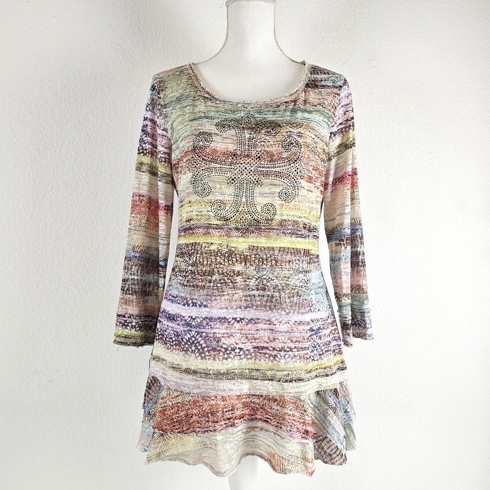 V Christina Women SIZE L Semi Sheer Blouse Tunic Top Peplum 1/2 Sleeve Colorful